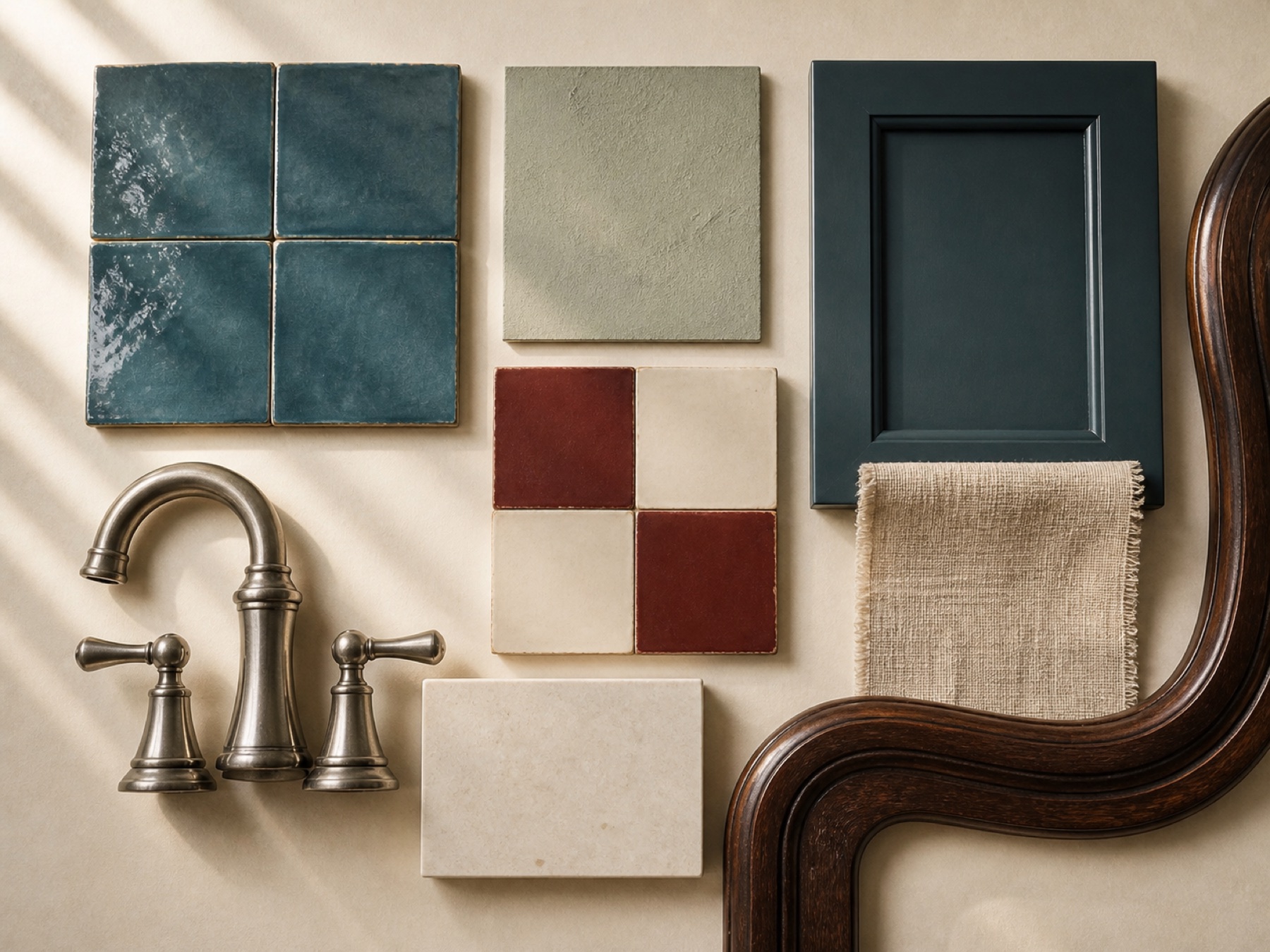 Blue tile, sage plaster, checker floor, cream stone, dark wood, and aged nickel material study matching Rendering 04