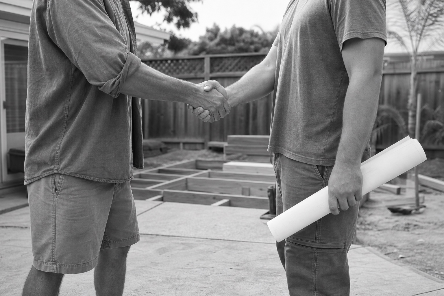 Two men shaking hands at a backyard construction site, with project plans in hand